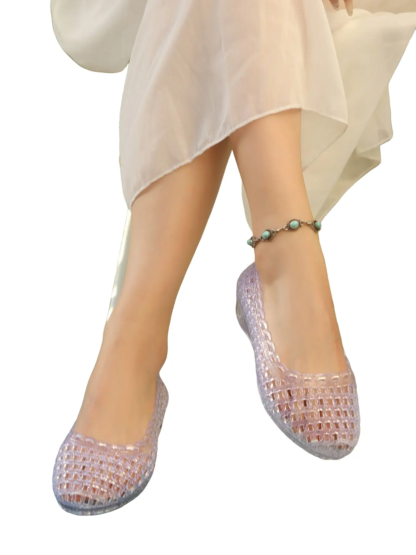 Women's Gradient Glitter Hollow Out Jelly Flat Shoes, Vintage Breathable Holey Shoes, Quick-Dry for Home, Beach, Pool, Daily Wear