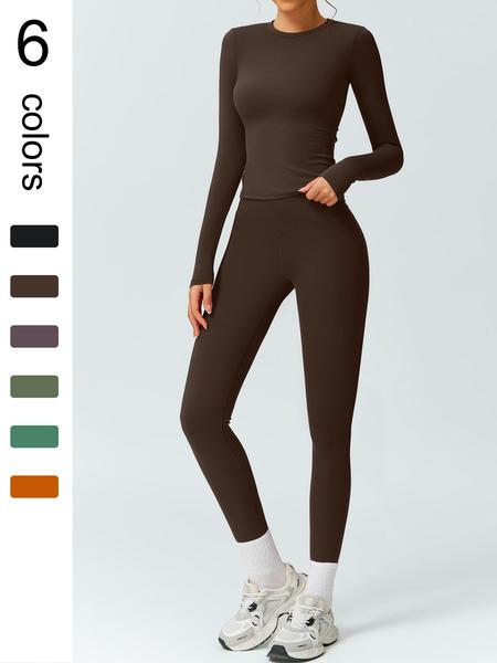 Women's Solid Color Long Sleeve Tee & High Waist Leggings Workout Set, Sporty Comfy Breathable Outfits for Gym Running, Workout Running Clothes, Ladies Fall & Winter Sportswear