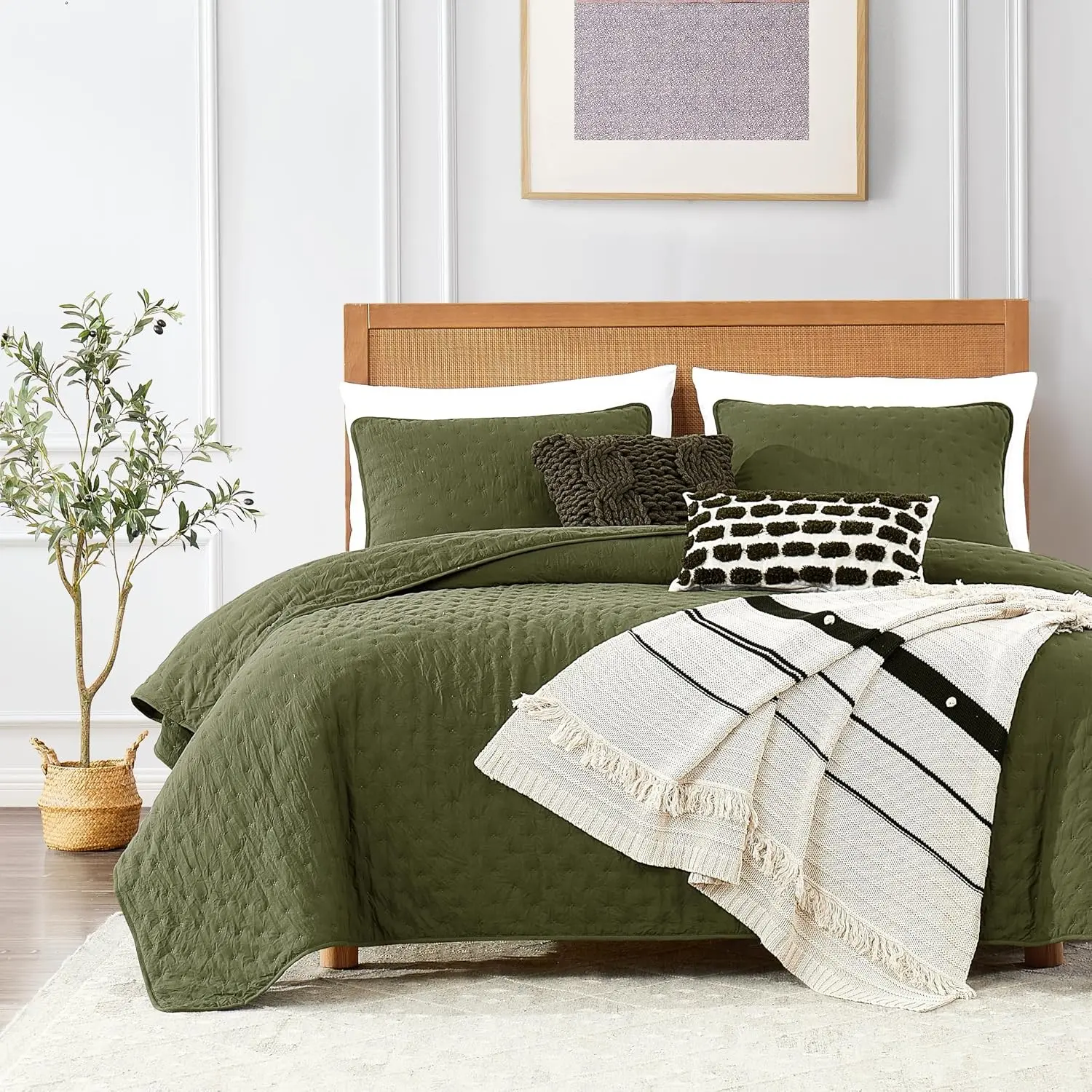 Olive Green Cloud Twin Size Quilt Bedding Sets with Pillow Sham Farmhouse Lightweight Soft Bedspread Coverlet All Season Rustic Country Thin Comforter 2 Pieces 68x90 inches