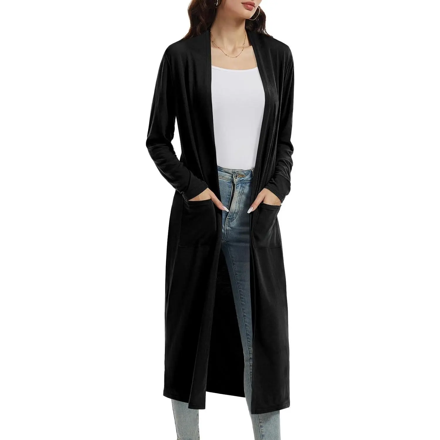 Women's Lightweight Long Sleeve Open Front Maxi Cardigan Duster with PocketsGift