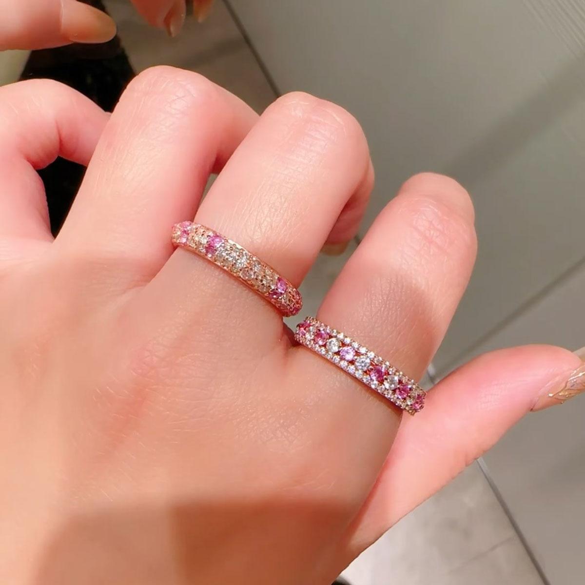 Pink Full Zircon Band Ring for Women, Korean Style Dainty Stackable Rings, Sparkling Fashion Jewelry, TikTok Trending Couple Gift, Ins Aesthetic Style