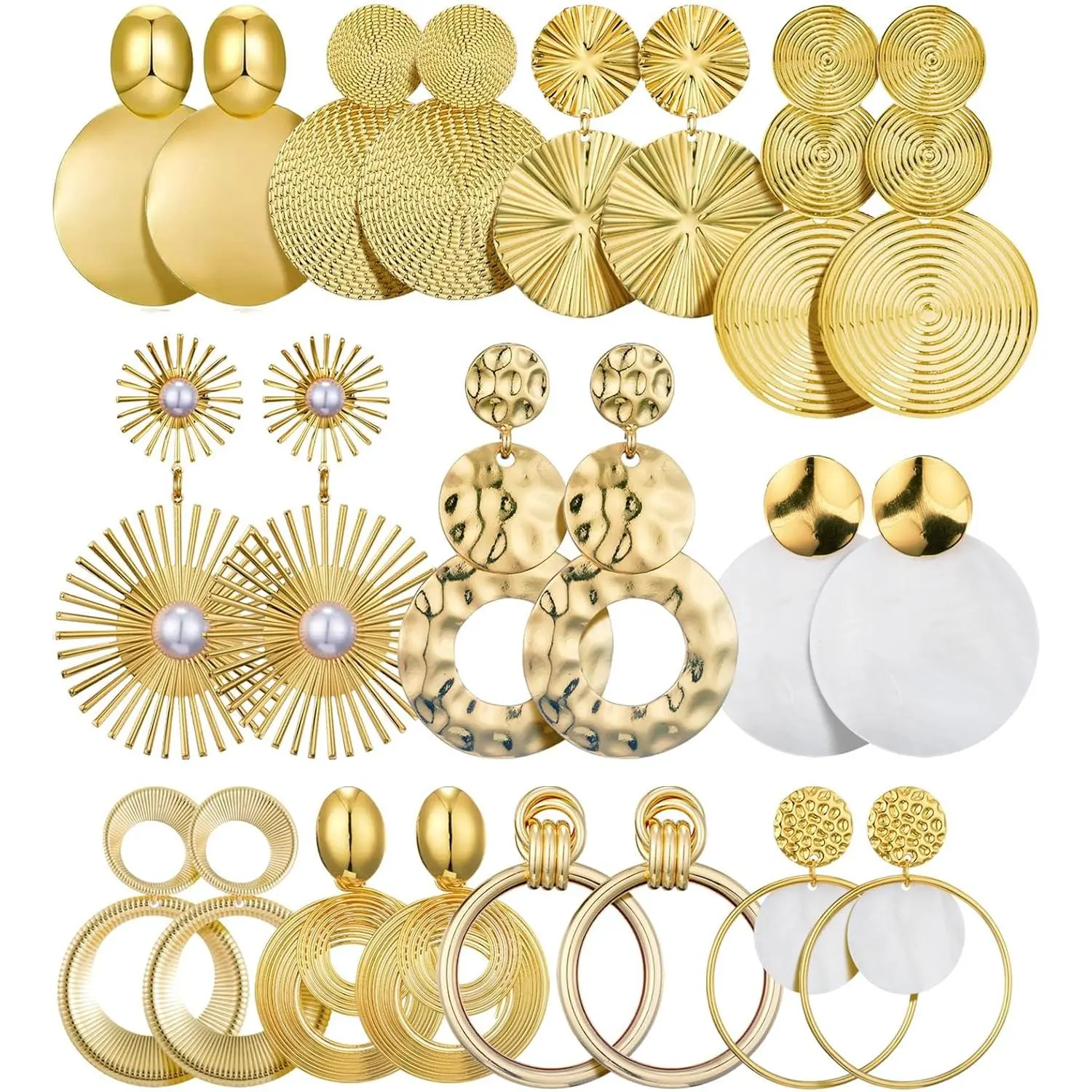 11 Pairs Big Disc Drop Earrings Gold Dangle Earrings Round Hammered Statement Earrings For Women Set