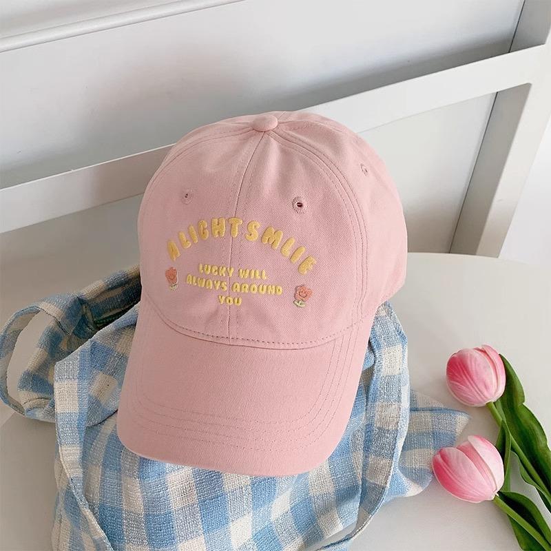 Floral pink letter baseball cap for women with large head circumference, soft top, wide brim, makes the face look smaller