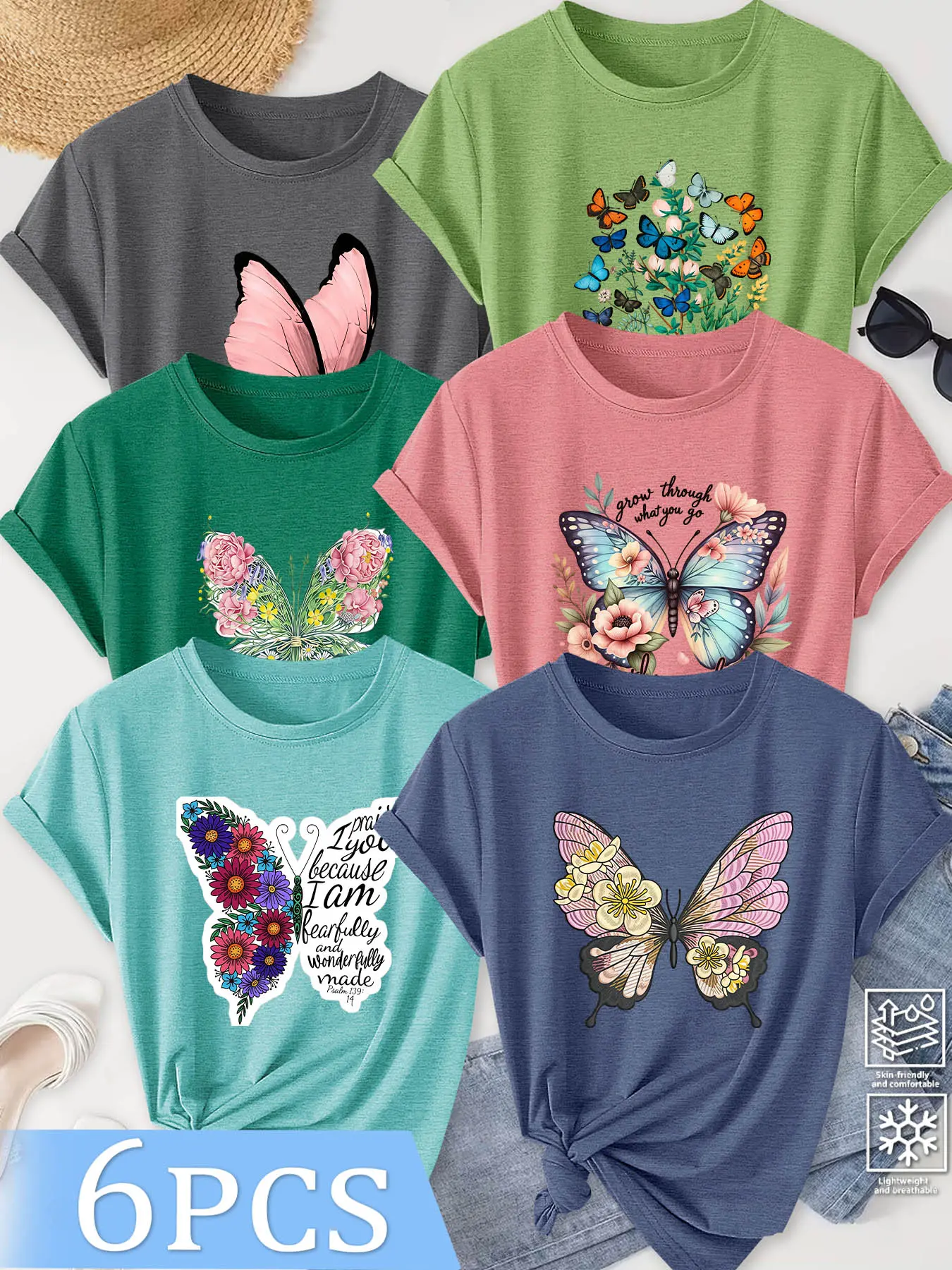 6Pcs Women Crew Neck T-Shirt, Inspirational Slogan Floral Butterfly Vibe Print, Multi-color Washable Spring Summer Top, Soft Skin-friendly Fabric Daily Versatile Fashion Design