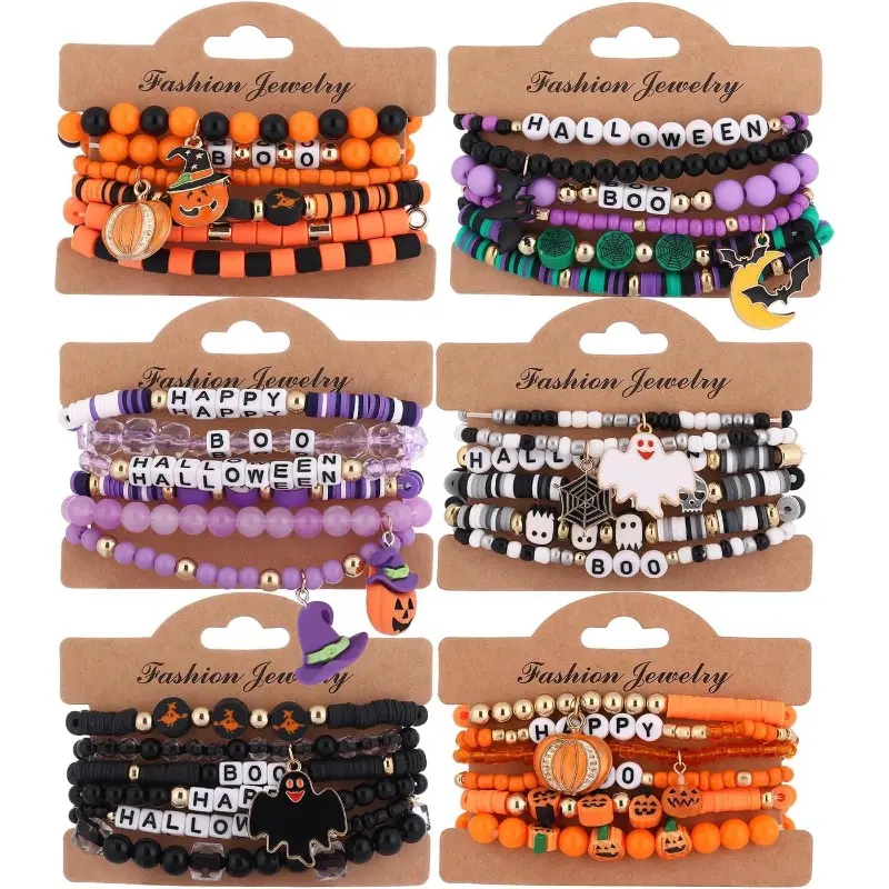 36Pcs Halloween Series Cartoon Soft Clay Bracelet with Spider Web, Pumpkin, Bat, and Skull Pendants, Suitable for Men and Women, for Banquets, Parties, Holiday Celebrations, Gifts for Friends and Family, a Quirky and Fun Bracelet