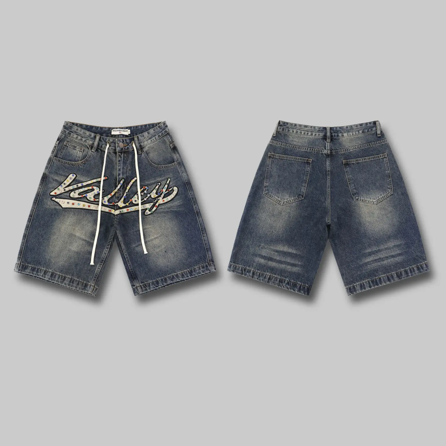 Valley Rhinestone Cursive Denim Shorts Mens Vintage Washed Blue Baggy Jorts Oversized Loose Fit Y2K Streetwear Hip Hop Bermuda Drawstring Summer Trendy Bottoms Gift