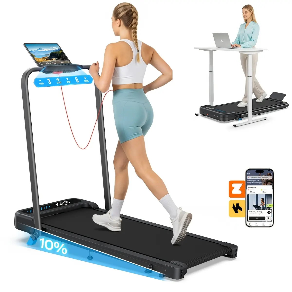 Folding Walking Pad Treadmill with Handle Bar, Low Noise Walking Pad Treadmill for Home Small, 3.0 HP Quiet Walking Pad Treadmill with 320 LBS Capacity, 0.6-6.2MPH, Remote & LED Display, with ZWIFT/KINOMAP APP