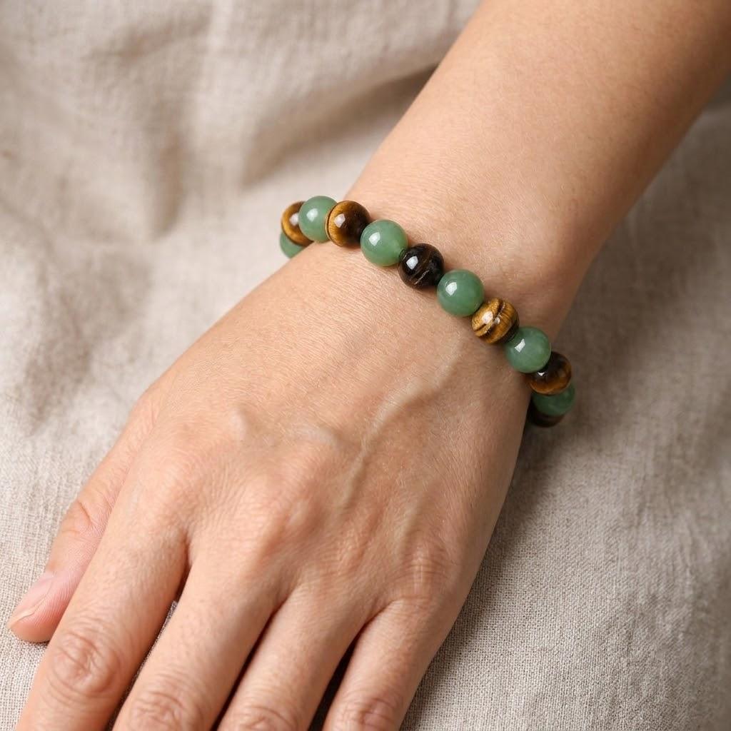 Green Agate Crystal Bracelet with Tiger Eye Beads Chakra Healing for Wealth Prosperity Good Luck Natural Stone Bead Unisex 8mm Beads