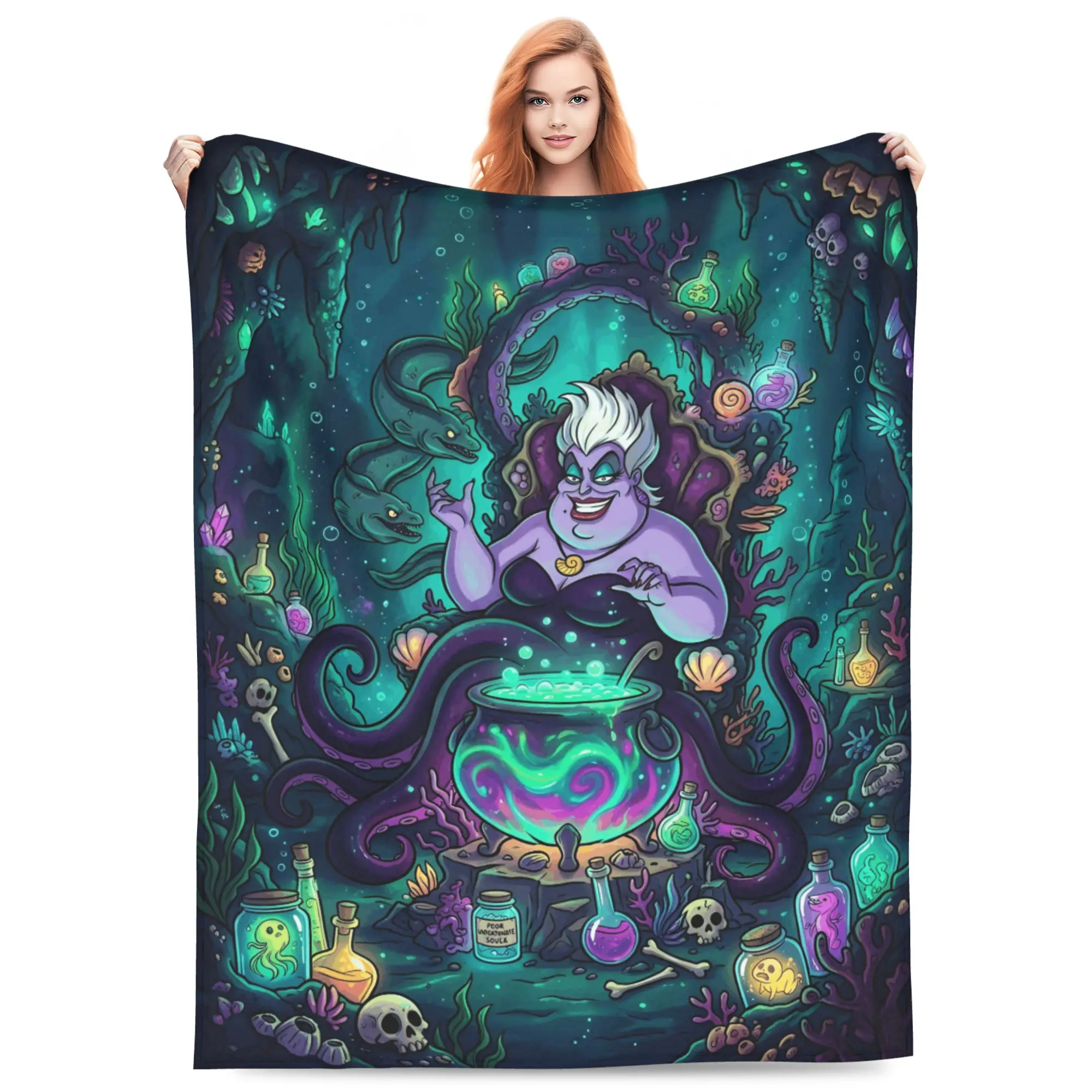 DISNEY CLASSIC Ursula Underwater Witch Throw Blanket, The Little Mermaid Villain Ursula Octopus Green Magic Cauldron Potion Bottle Skull Dark Cave Cartoon Print Flannel Fleece Blanket Soft Cozy Blanket for Sofa Bed Gift for Disney Villain Fans