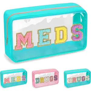 Clear Letter Patch  Bag  Pouch with Zipper, Travel Portable  Makeup Bag for Women Girls,  Nylon PVC Toiletry Meds Storage Case Chenille Letter Stadium Bag(Green, MEDS)