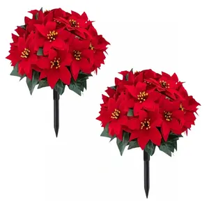 2 Pack Artificial Poinsettia Flowers with Ground Spike, UV Realistic Faux Poinsettias for Outdoor Christmas Decor, Home Patio Topiary Balls