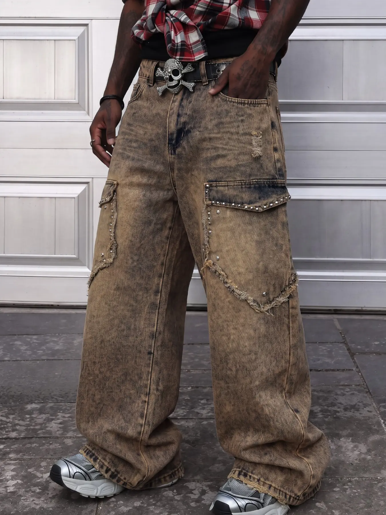 Men’s Heavy Distressed Cargo Wide-Leg Jeans, Y2K Frayed Pocket Wasteland Punk Hip-Hop Plus Size Cargo Streetwear Denim Pants, Suitable for Going Out, Hangouts, Disco, College, and Streetwear Outfits