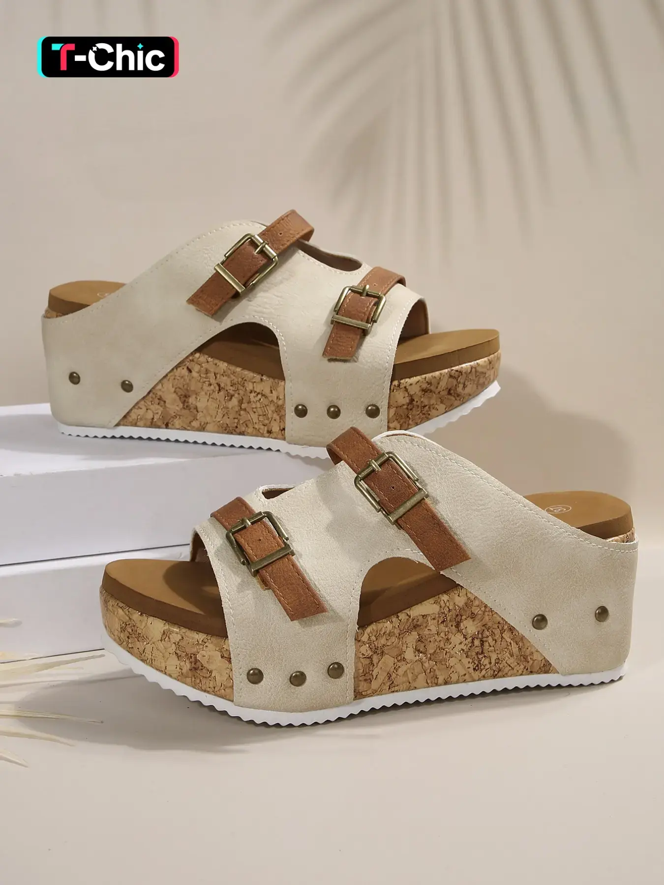Women's Cork Wedge Sandals - Comfortable Double Buckle Slide Sandals, Summer Platform Open Toe Slippers for Casual Walking & Beach, Casual Trendy Sandals, Bohemian Trending Sandals, Fashionable Platform Sandals, Boho Style Sandals