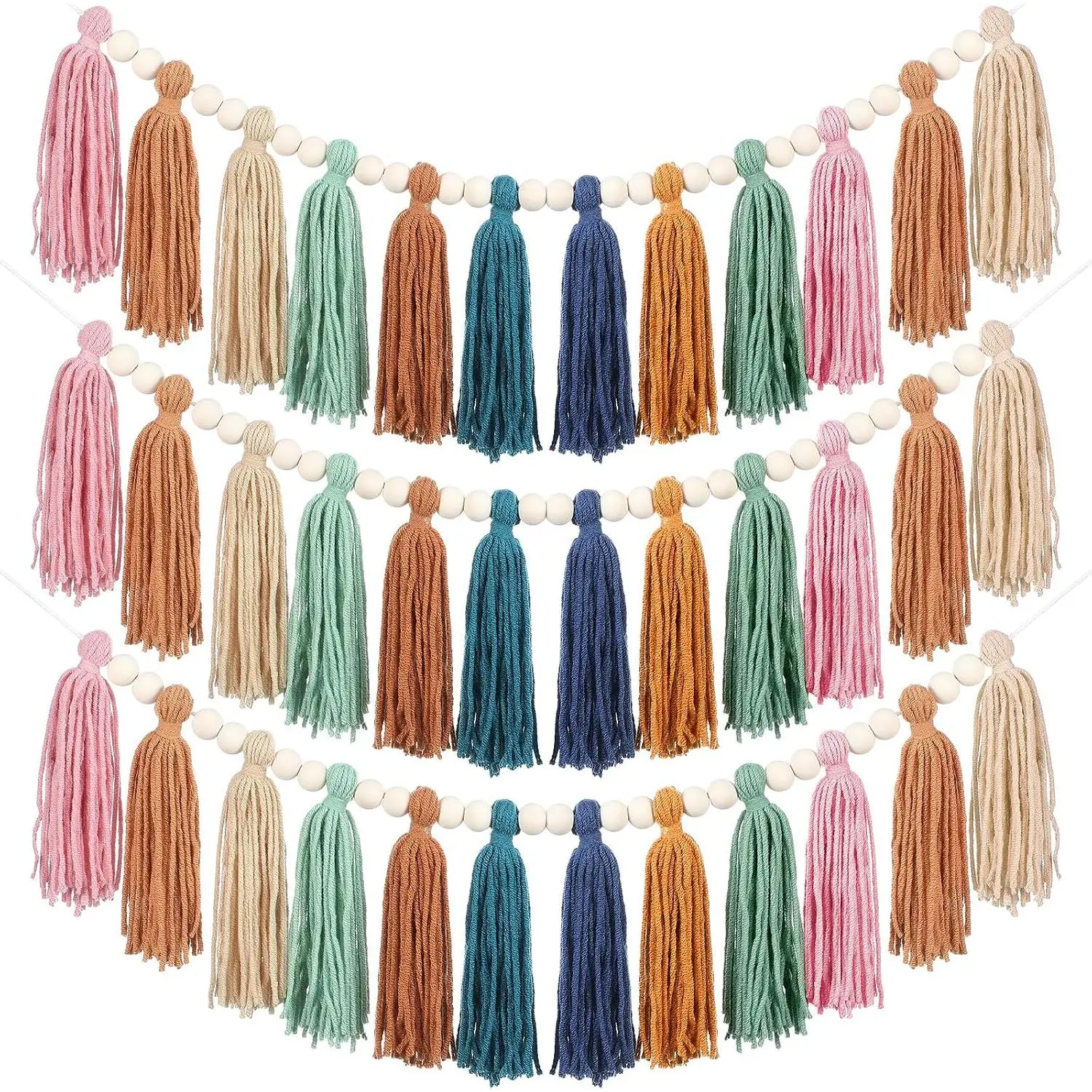 3 Pcs Boho Tassel Garland Boho Rainbow Wall Decor Colorful Pastel Tassel Wall Hanging with Wood Beads for Classroom Kids Bedroom Baby Shower Back to School Birthday Party Supplies