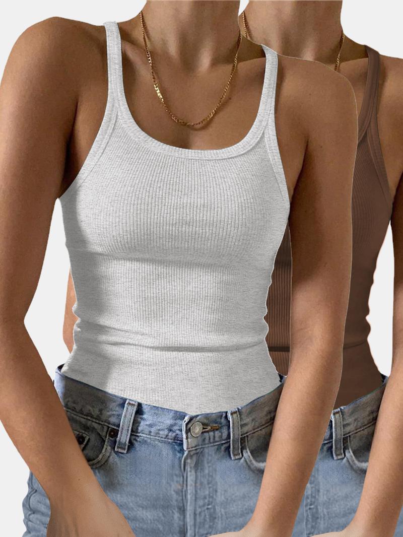 Women's Solid Ribbed Tank Top, Elastic Basic Vest, Casual Sleeveless Top for Summer, Ladies Clothes for Daily Wear, Summer Tops