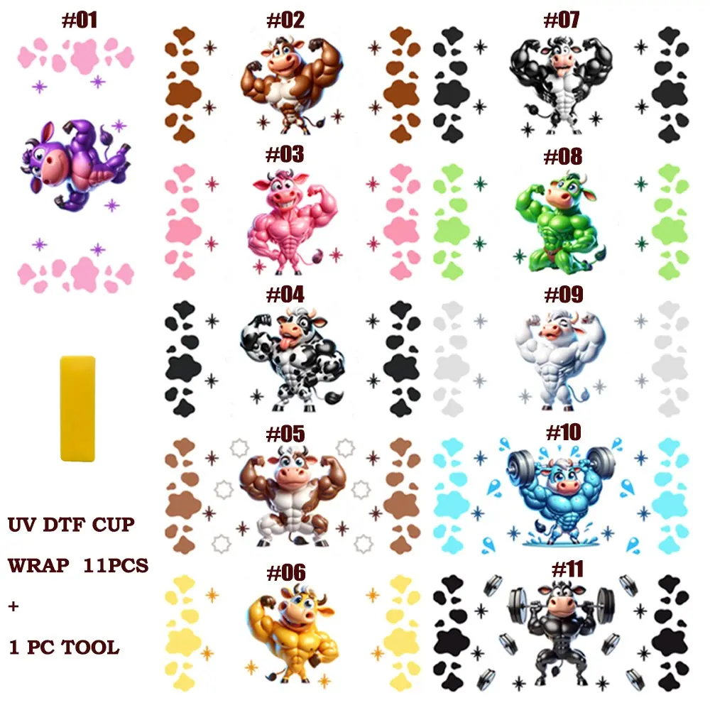 11 Sheets UV DTF Stickers + Scraper Tool, Muscle Cow Design, for 16oz Glass Cups, Laptops, Furniture, Party Decor, Western Style Gift Packaging