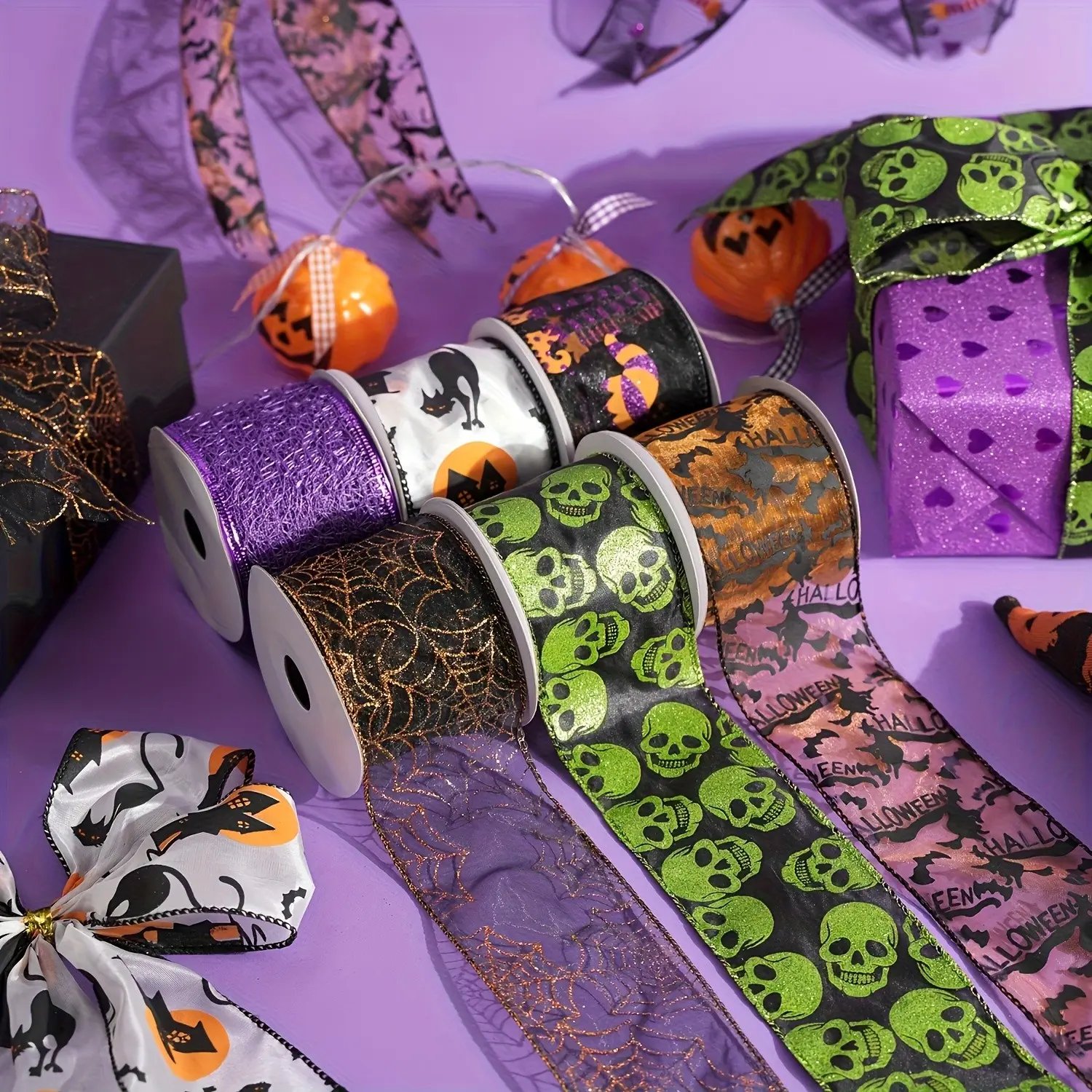 6rolls Halloween Ribbon Craft Ribbons for Wreaths Wrapping and Party Decorations for Halloween Decor and Creative Projects