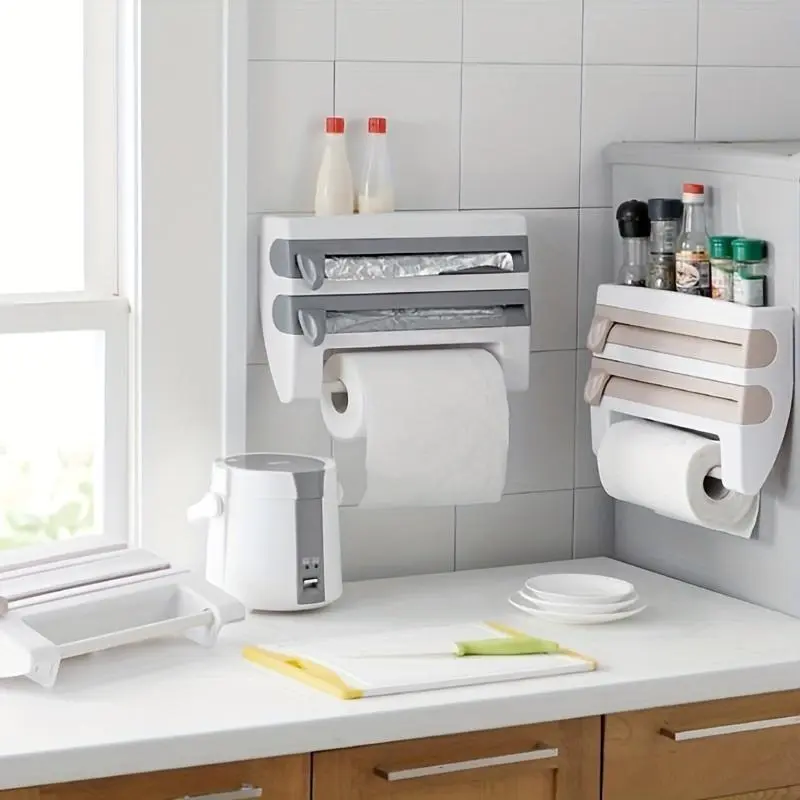 Space-Saving 4-in-1 Kitchen Organizer with Built-In Cutter - Includes Foil & Cling Film Dispenser, Paper Towel Holder for Easy Access, Easy Installation