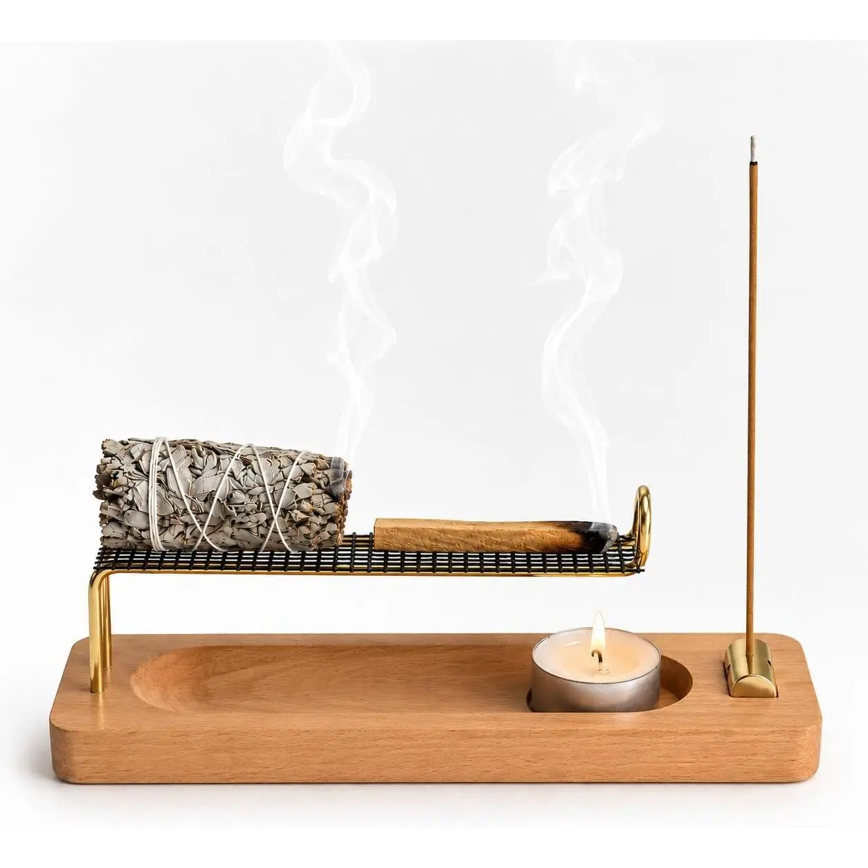 4 in 1 Incense Holder for Sticks, Palo Santo and Sage Holder, Wooden Incense Burner with Ash Catcher, 2 in 1 Incense and Candle Holder, Unique Incense Stick Holder for Yoga Meditation Decor