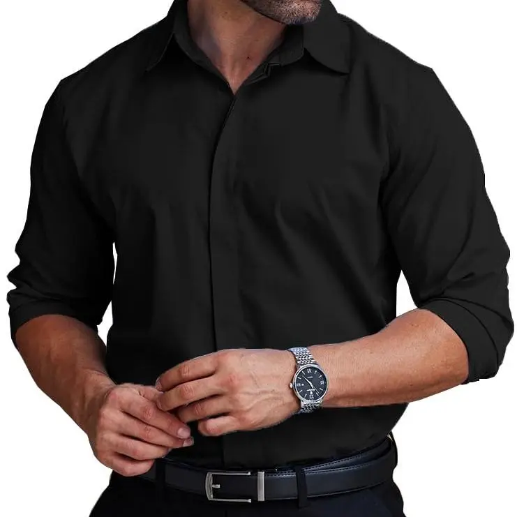 Men's Formal Dress Shirt, Hidden Button Front Wrinkle-Resistant Stretch Shirt, Regular Fit Business Casual Long Sleeve Top for Office, Work, Wedding & Everyday Wear