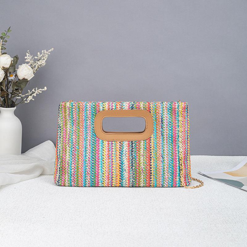 Trendy Straw Woven Beach Bag For Summer, Fashionable Woven Handbag For Women With Chain Crossbody Strap, Lightweight Rattan Bag, Breathable Large Capacity Travel Tote, Casual Vacation Shoulder Bag, Stylish Summer Essential Bag For Beach Trips & Daily Outi