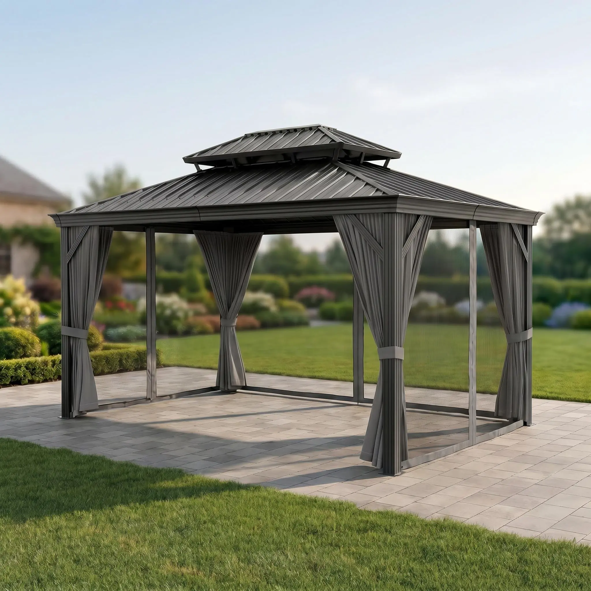 YJ-Garvee 16'x12' Hardtop Gazebo, Heavy Duty Aluminum Permanent Hardtop Gazebo Outdoor Pavilion with Curtains and Netting for Garden (Gray, 16'x12')