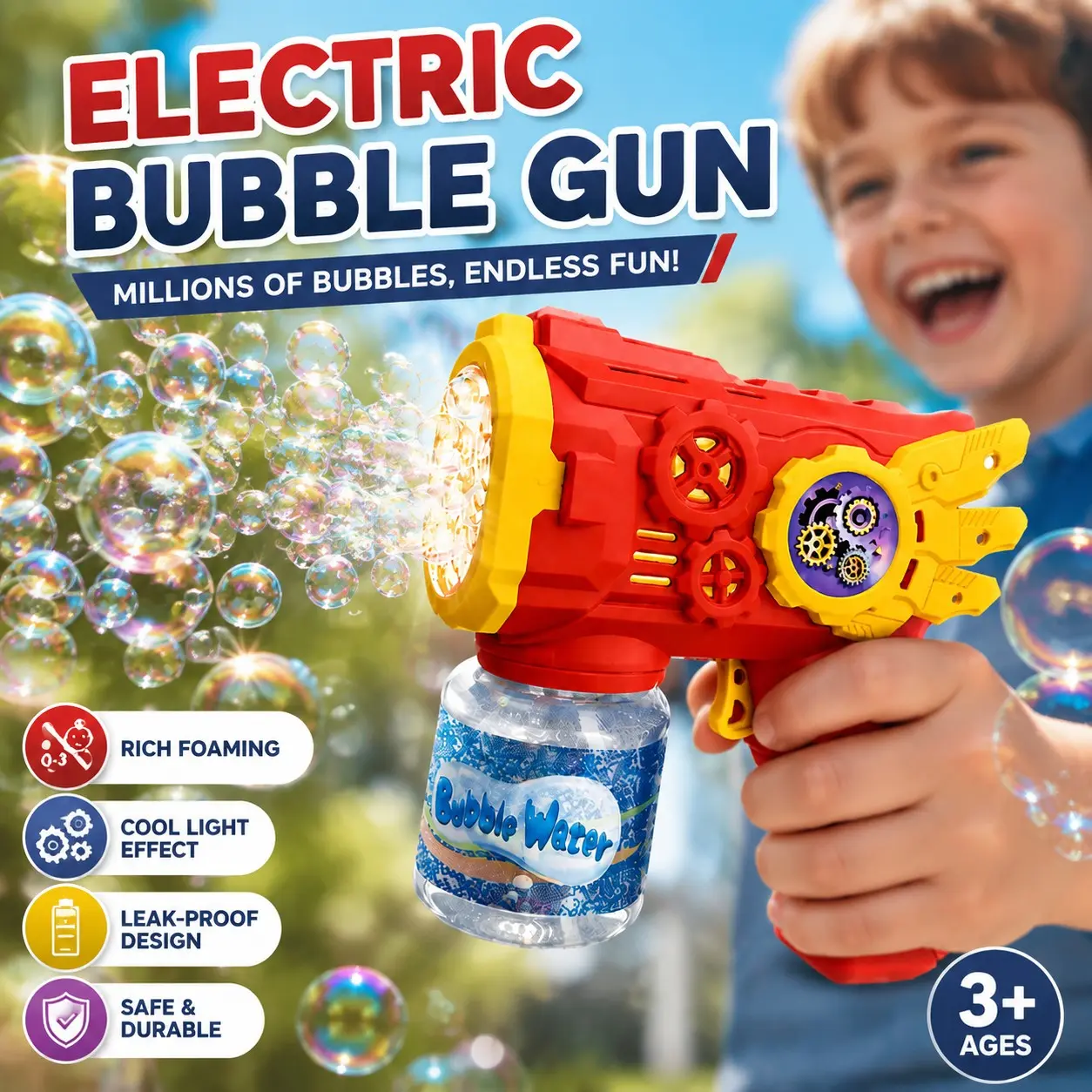 Mechanical Gear Bubble Gun, One-Button Bubble Maker, Leak-Proof, Kids Outdoor Light-Up Toy, Handheld Automatic Party Bubble Machine, Summer Family Fun
