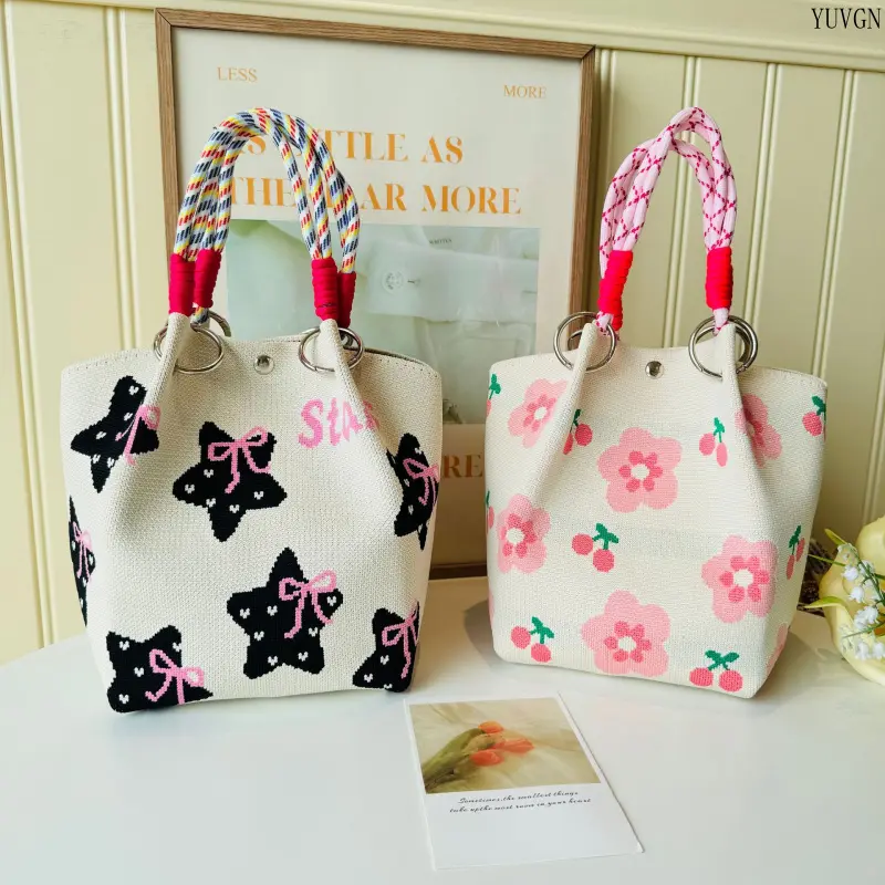 Cute Floral Cherry Knit Bucket Handbag, Plaid Braided Rope Handle Snap Closure Mini Tote Bag, Casual Daily Portable Purse
