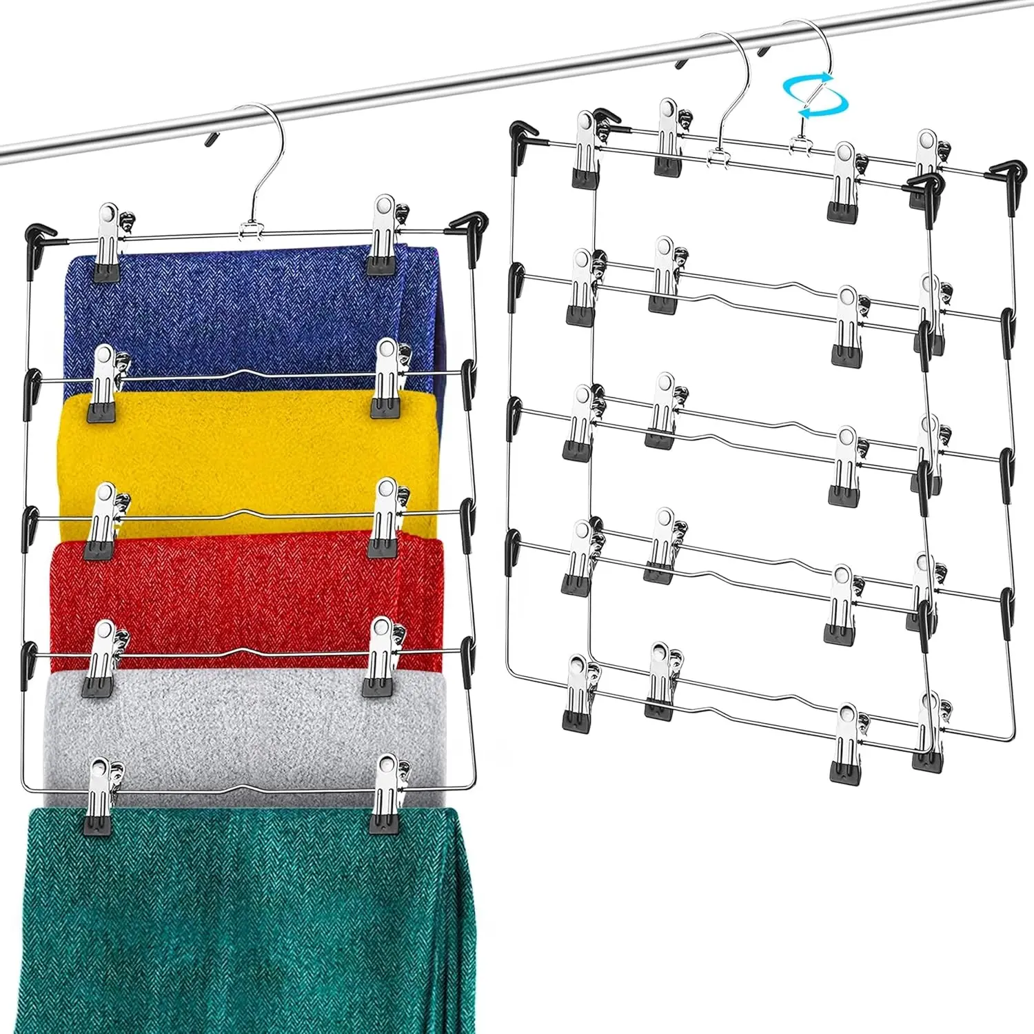 5-Tier Pants Hangers with Clips Non Slip Skirt Hangers 3 Pack, Multi Pants Hanger with Rubber-Coated Clips, Space Saving Hangers for Shorts, Skirts, Trousers and Other GarmentsGift