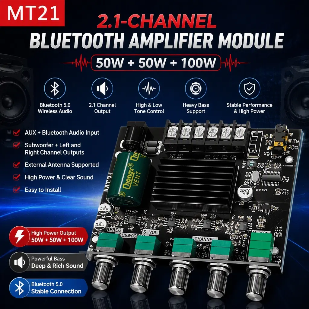 High-Power MT21 2.1-Channel Bluetooth Amplifier Module Board - Wireless BT Digital Amplifier Part with High Tones, Low Tones, Heavy Bass for Household Appliances