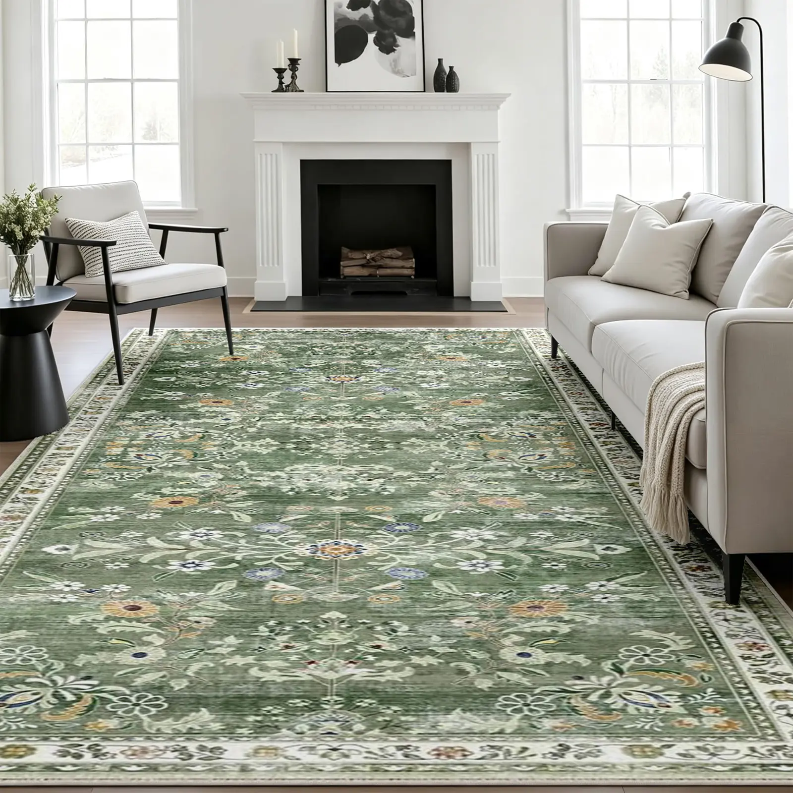 1pc 8x10ft Vintage Distressed Oriental Area Rug, Sage Green Base with Cream and Yellow Floral Motif Carpet, Soft, Non-Slip, Machine-Washable Floor Covering, Stain-Resistant, Low-Pile Rug, Aesthetic Decor for Living Room, Bedroom, Office, Faux Wool