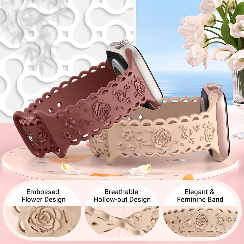4-Pack Lace Engraved Rose Apple Watch Bands – Slim Lightweight Sport Strap 38–49mm (Series 1–10, SE, Ultra / Ultra 2), Women