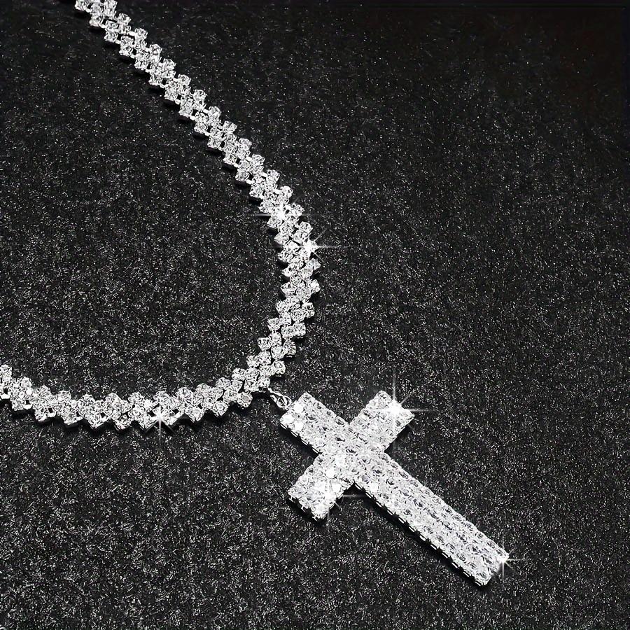 Sparkling Silver Tone Crystal Cross Pendant Necklace Pave Cuban Link Chain Design Glamorous Iced Out Statement Jewelry Ideal for Hip Hop Fashion and Bold Night Out Looks Funny Pig Personalized Valentine's Day Titanium Zircon Eye Photo Versatile name men's