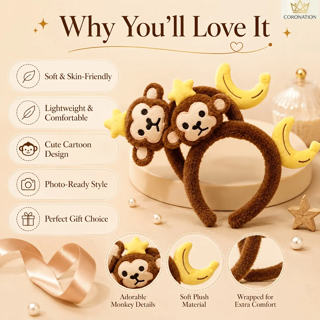 Monkey Plush Headband with Banana Design Soft Comfortable Kawaii Animal Hair Accessories for Women Girls Fun Cosplay Photo Props for Party Halloween Festivals