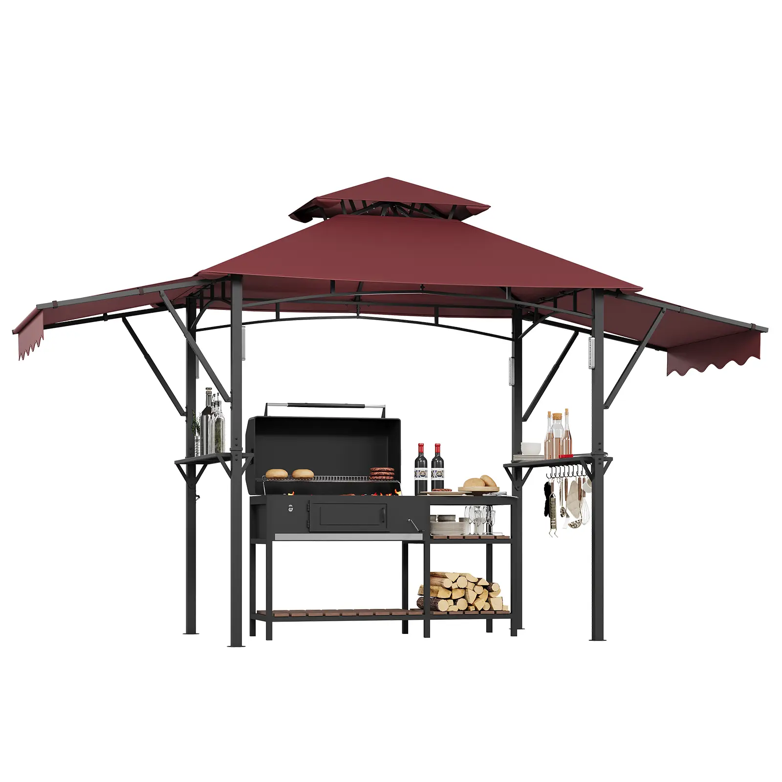Garvee 8x5 Grill Gazebo Outdoor BBQ Canopy – Double-Tier Roof, Adjustable Dual Side Awnings, 2 Utility Shelves, Hooks, Ceiling Light Hook, Heavy Duty Steel Frame – Patio, Backyard, Garden