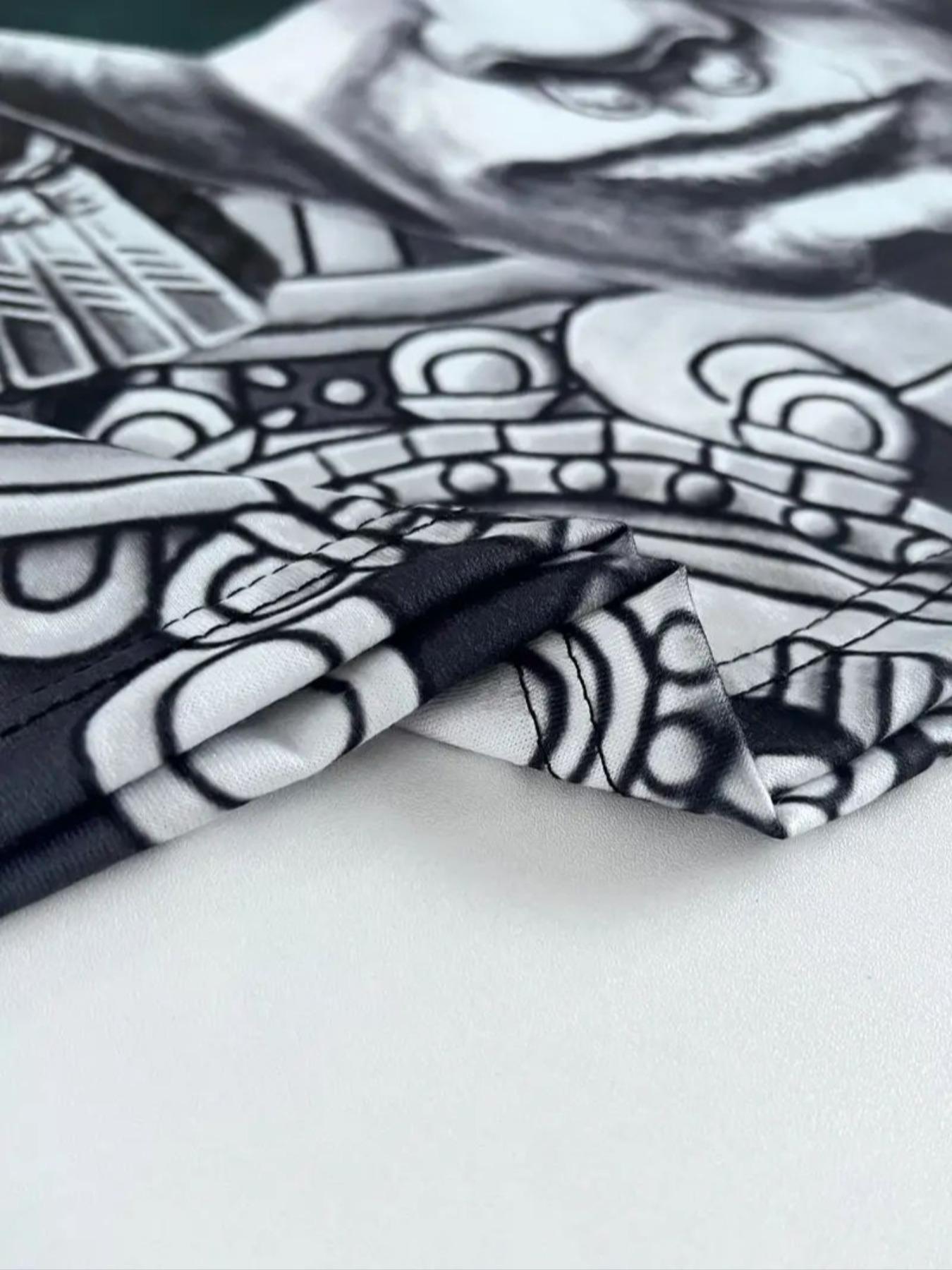 Men's Fashion 3D Maya Culture Print Long Sleeve T-Shirt, Casual Streetwear Top, Comfortable Polyester Blend Fabric, Round Neck Design, Casual Fall & Winter Wear