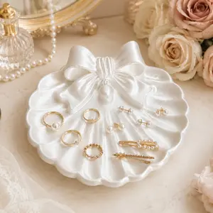 Shell Bow Jewelry Organizer Tray, Ocean Fan Shell Design, Perfect for Rings, Earrings, Necklaces, Bracelets, Pins, Romantic Home Decor