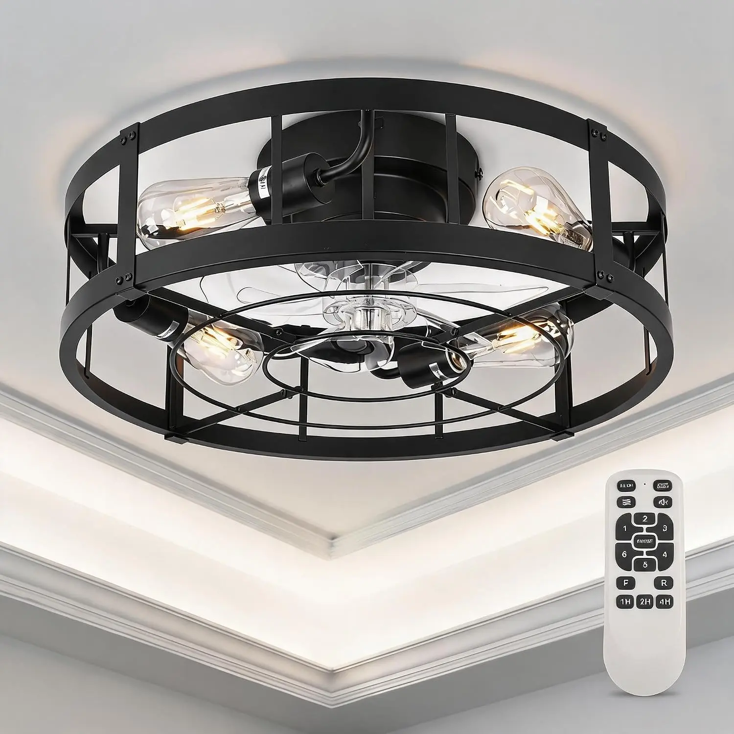 【GAOMON】20-Inch Industrial Bladeless Ceiling Fan with Light, Black Flush Mount for Low Ceilings, Kids Safe Design for Pets, Quiet DC Motor, E26 Socket, Remote Control, Indoor-Outdoor Use