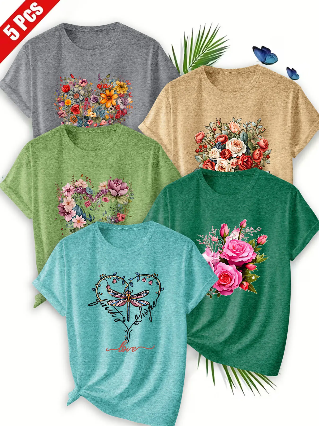 5Pcs Women Crew Neck T-Shirt, Rose Floral Heart Dragonfly Romantic Flower Print, Multi-color Available, Machine Washable, Soft Skin-friendly Spring Summer Daily Stylish Top