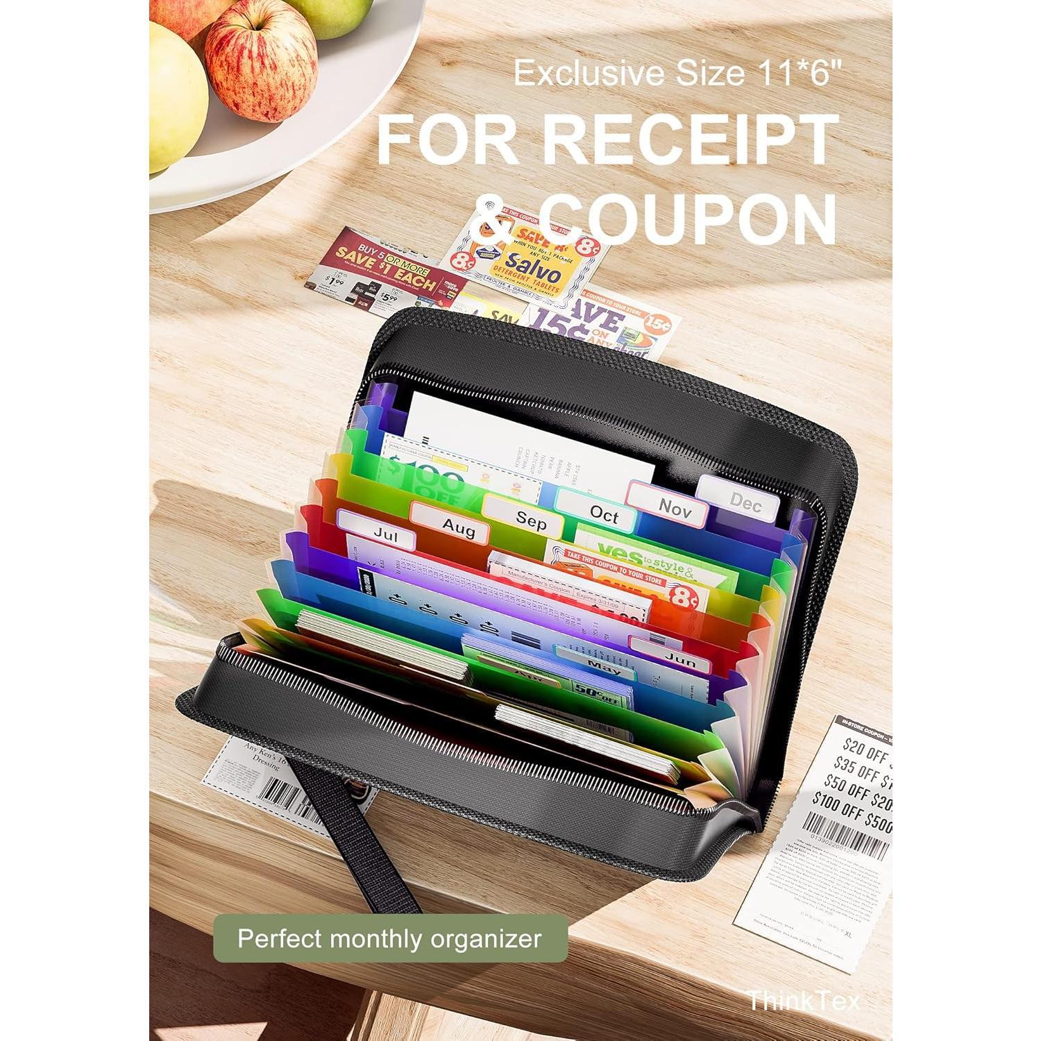 Receipt  Organizer, 12 Pockets Small Accordion File Organizer, Junior Size 11x 6.6 Inches, Zipper Closure, Multi-Color Tabs