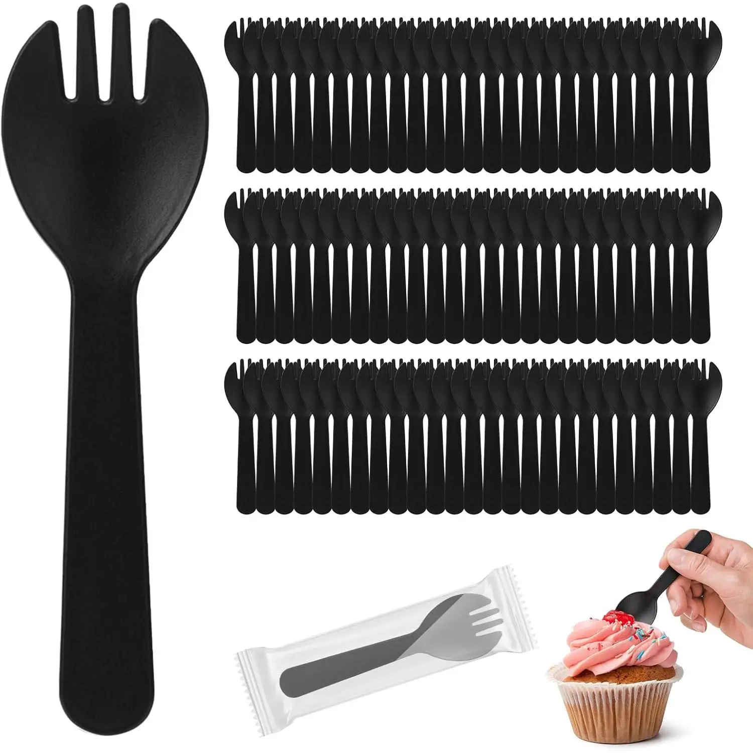 100Pcs Food Grade Mini Plastic Sporks, 4.2in Individually Wrapped Disposable Cutlery, Small Black Fork-Spoon Combo for Wedding, Fruit, To-Go Use