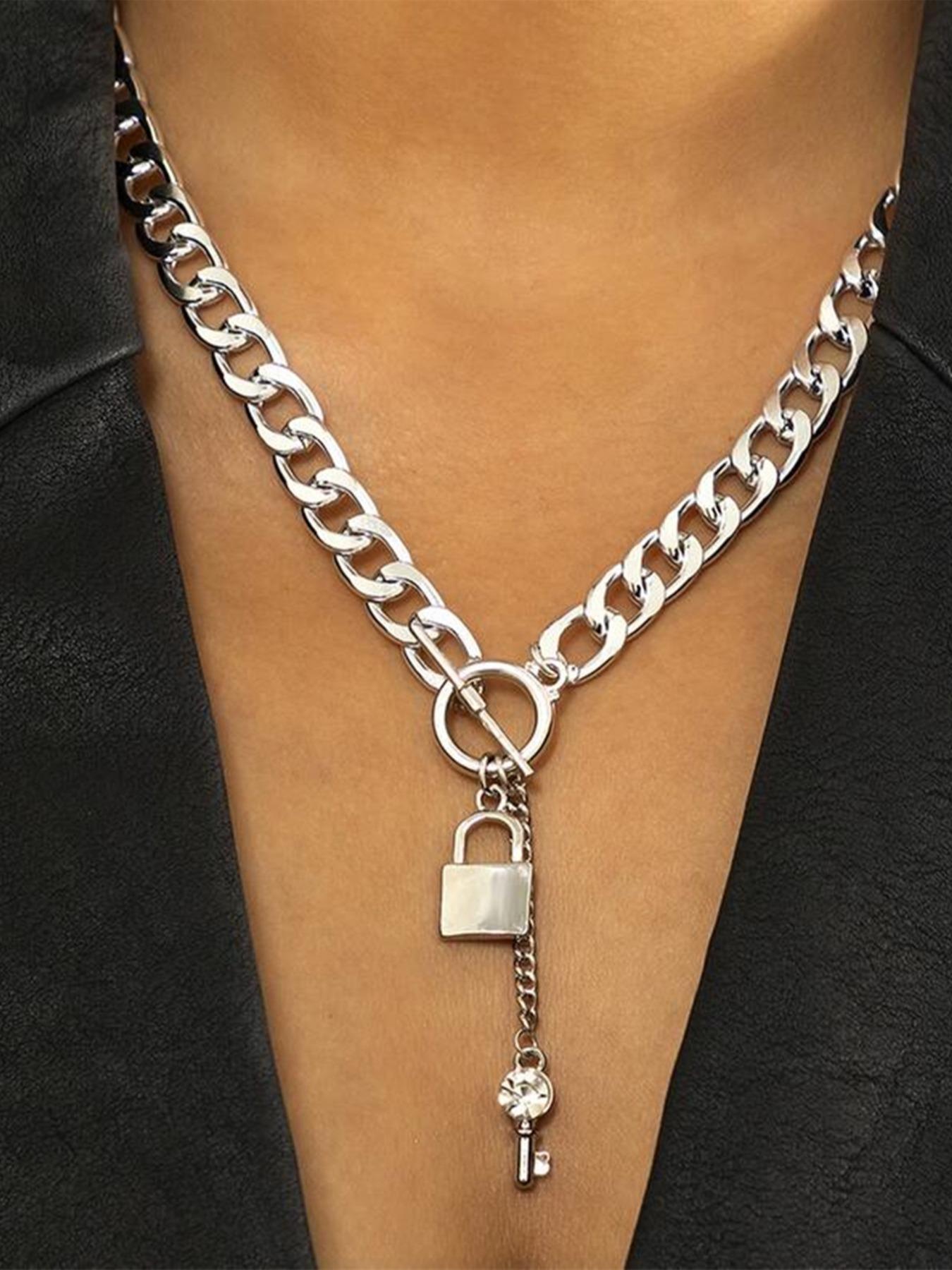 Rhinestone Key & Lock Design Chain Necklace for Women for Gift, Charms Necklace, Clavicle Chain Necklace, Dainty Choker Necklace, OT Buckle Chunky Cuban Link Chain Necklace, Mexican Necklaces, Cute Gifts for Girlfriend