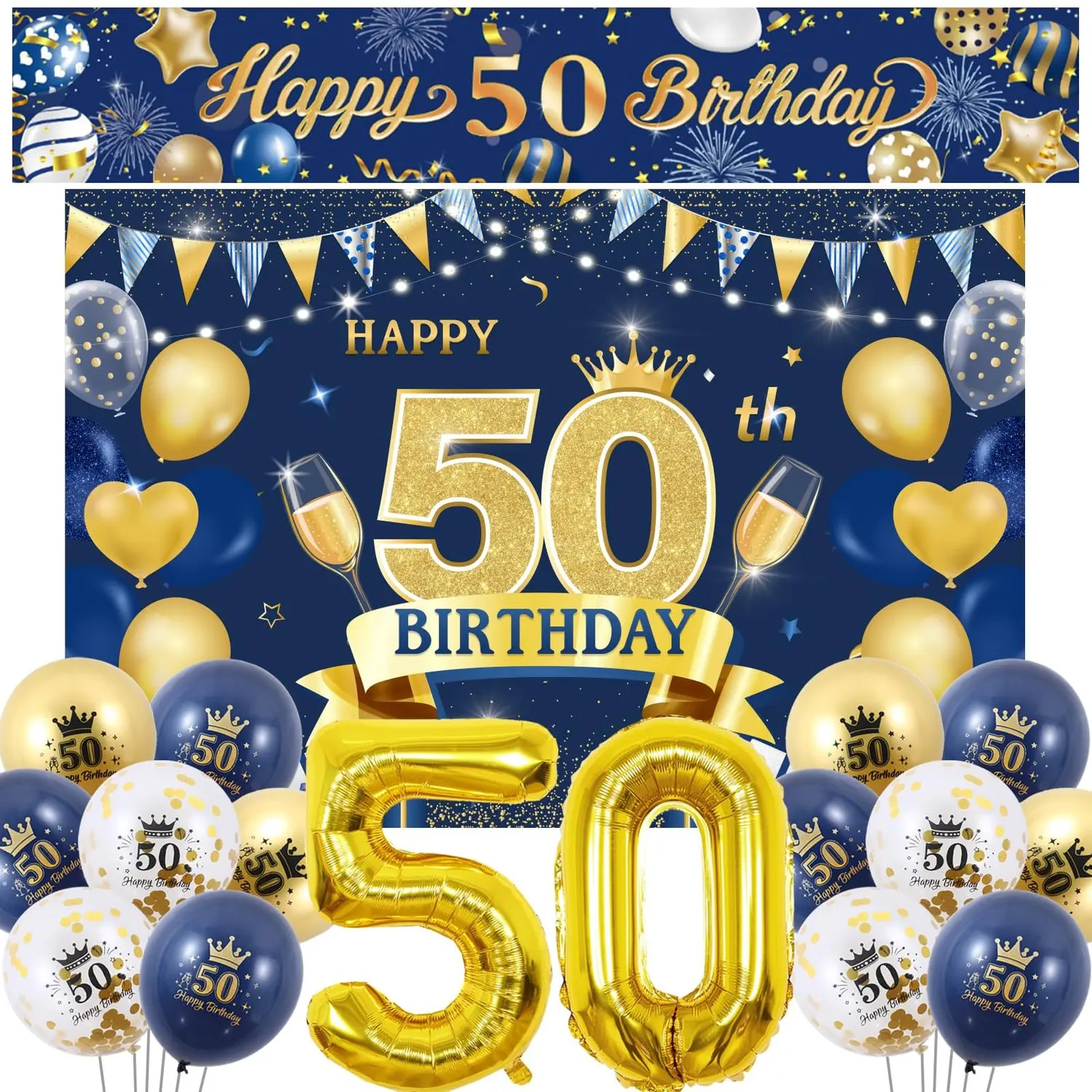 1Set Navy Blue 50th Birthday Decorations Happy 50th Birthday Backdrop Decorations for Men Happy 50th Birthday Yard Banner Backdrop 50th Anniversary Birthday Supplies for 50 Year Old Cheers to 50s Party