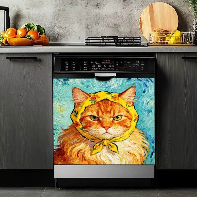 2D Flat 2Pcs Artistic Cat Dishwasher Decal, Oil Painting Style Tabby Kitchen Appliance Stickers, Self-Adhesive Decorative Sticker for Washing Machine Fridge Refrigerator Door Decor, Waterproof Removable Van Gogh Inspired Home,