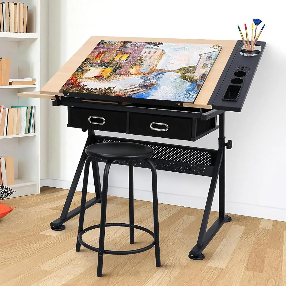 Height Adjustable Drafting Table with Stool, 0-75° Tilting Drawing Desk Artist Desk with 2 Storage Drawers, Watercolor Art Workstation for Home Office Drawing, Painting, Crafting, Writing