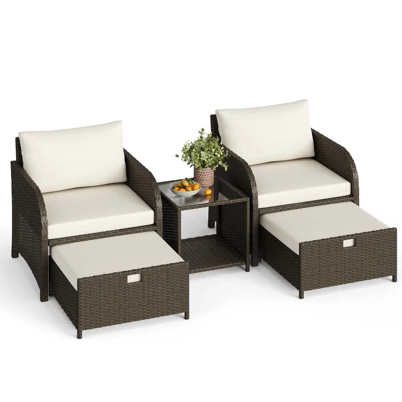 5-Piece Outdoor Patio Furniture Set, All-Weather PE Rattan Wicker Conversation Set with Retractable Ottomans and Glass Top Coffee Table for Garden, Balcony & Poolside