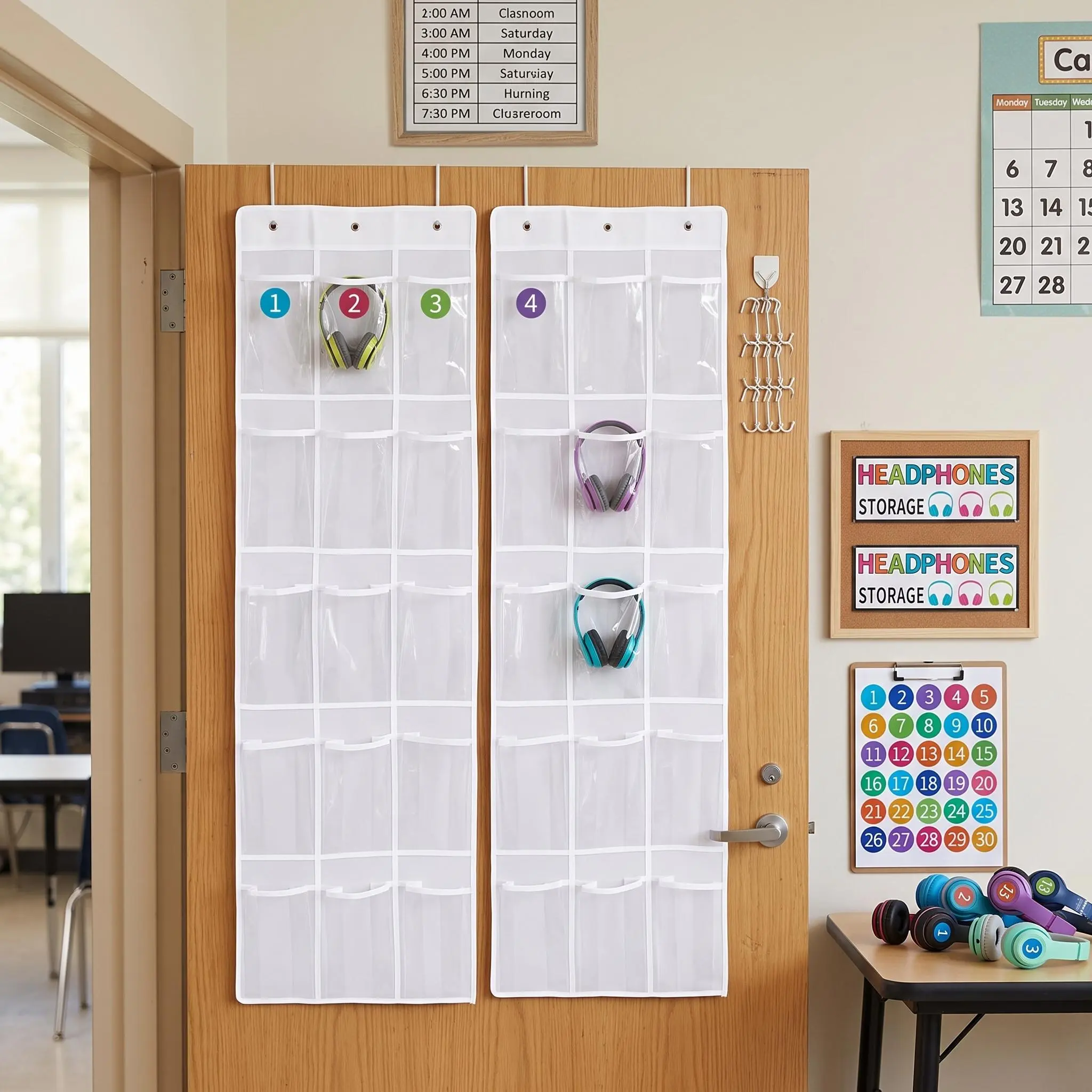 【IdealHouse】2 Pack 30-Pocket Over The Door Hanging Organizer, Clear PVC Storage Pockets with Number Labels, Face Stickers and Hooks, Storage Holder for Headphones, Phones and Calculators, Ideal for Study Rooms and Teacher Supplies