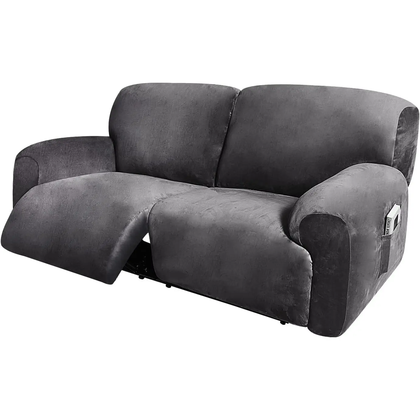Extra Wide 75-100" 2 Seater Reclining Sofa Slipcover, Velvet Stretch 6-Piece, Soft Washable (Dark Grey)