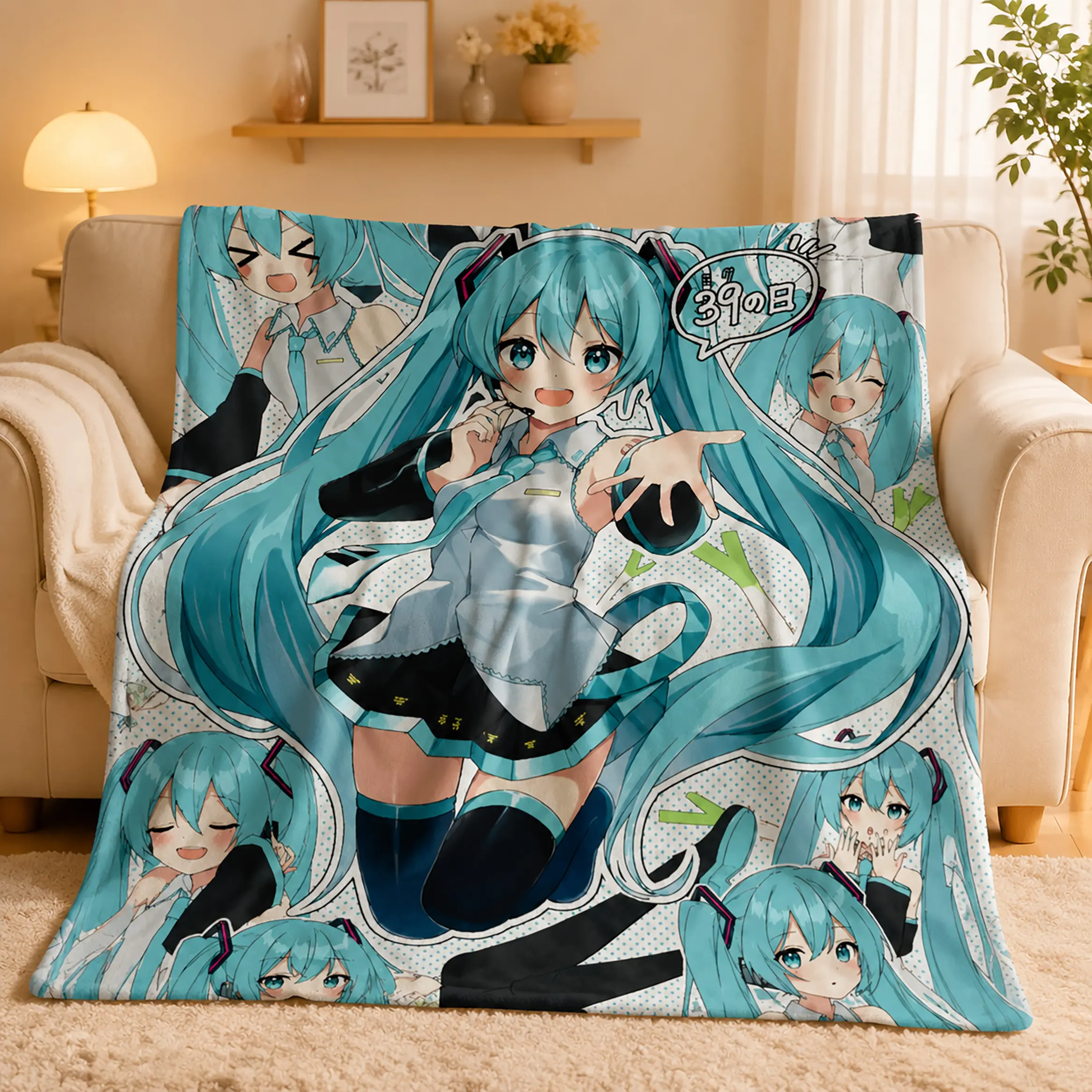 Hatsune Miku Music Anime Throw Blanket Premium Flannel Fannel Lightweight Soft Warm Cozy Fluffy Throw Blankets for Bedroom Sofa Couch Bed Dorm Travel All Season Home Decor Birthday Halloween Christmas Gift