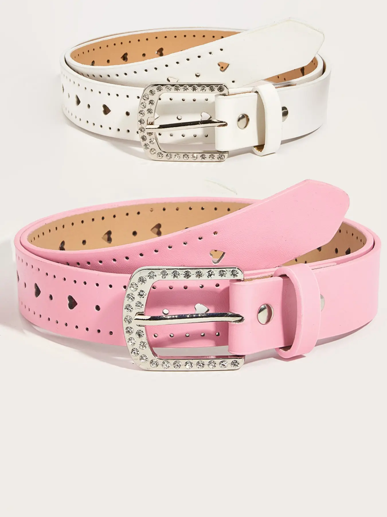 Cute Heart Hollow Cut Out Rhinestone Buckle Waist Belt for Girls, Y2K Vintage Faux Leather Decorative Belt, Adjustable Waistband for Jeans Skirt, White Pink Available, Belt With Buckle